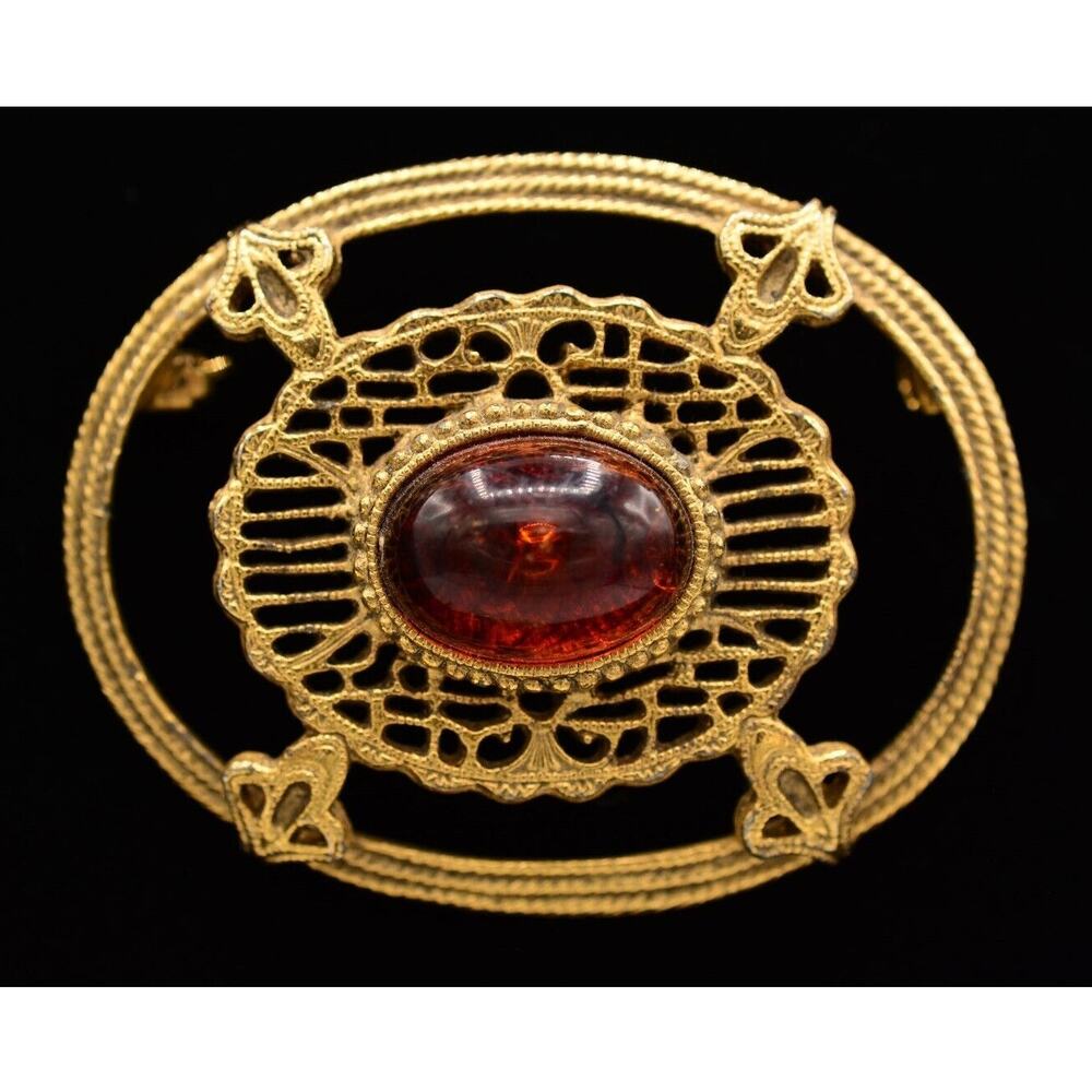 Vintage Cabochon Pin Brooch Amber Jelly Antiqued Gold Tone Oval Ornate Bin7